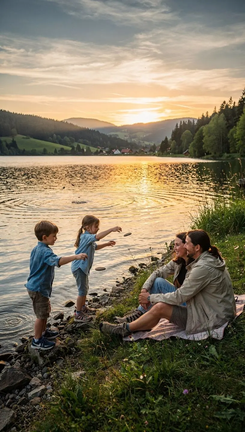 Parents and children exploring a historic Slovak village at a comfortable pace, surrounded by educational plaques and rest areas.